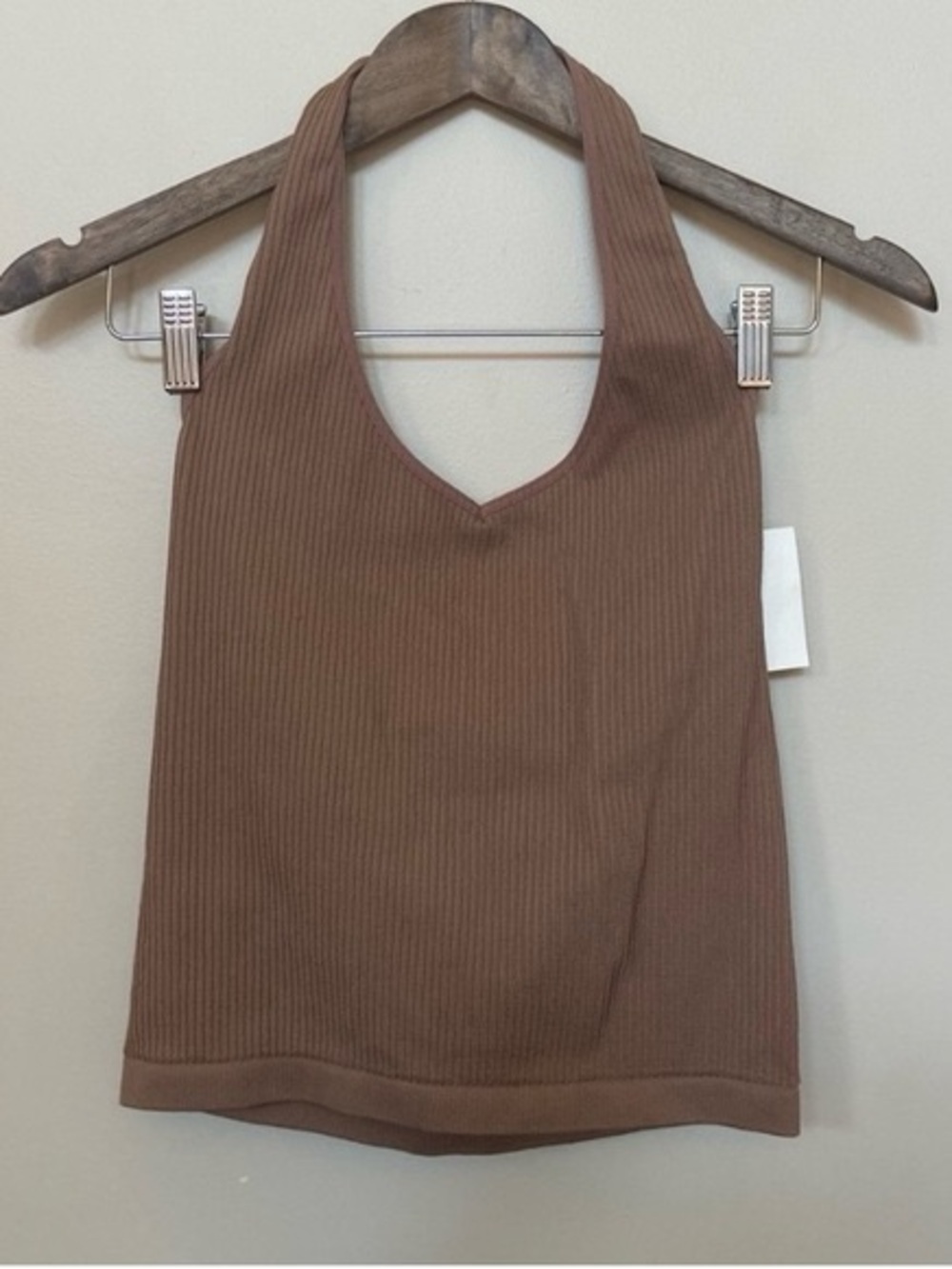 Razz, tan ribbed cropped halter top